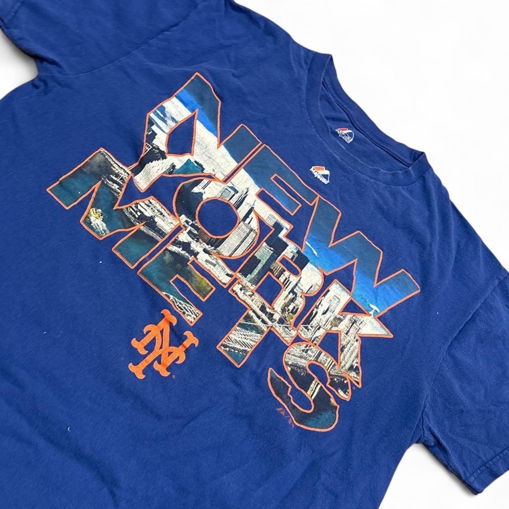 Majestic New York Mets Graphic T-Shirt Mens Large Blue MLB Baseball Skyline Tee